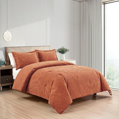 Sunshine Nicole Velvet Jacquard Comforter Set, Velvet Jacquard Face and Brushed Solid Microfiber Reverse, with Light Weight Soft Poly Fill, 3 Pieces Terracotta, Queen