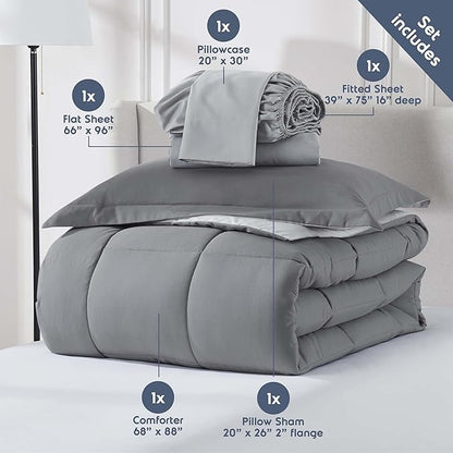Nestl 5 Piece Twin Comforter Set – Grey Reversible Bed in a Bag – Complete Twin Size Bedding Set with Sheets, Pillowcase and Sham