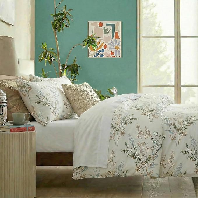100% Cotton Comforter King Size – 3 Piece Botanical Printed Bed Comforter Set with Pillowcases, Soft Lightweight All Season Bedding Set, Cottagecore Aesthetic Natural Floral Bedding