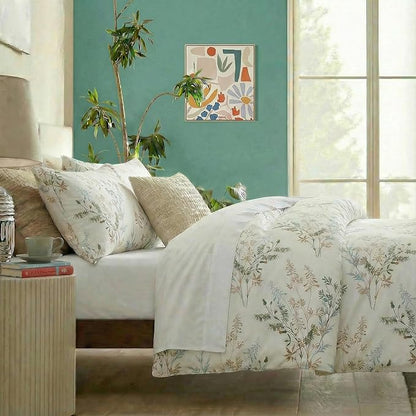 100% Cotton Comforter Queen Size – 3 Piece Botanical Printed Bed Comforter Set with Pillowcases, Soft Lightweight All Season Bedding Set, Cottagecore Aesthetic Natural Floral Bedding