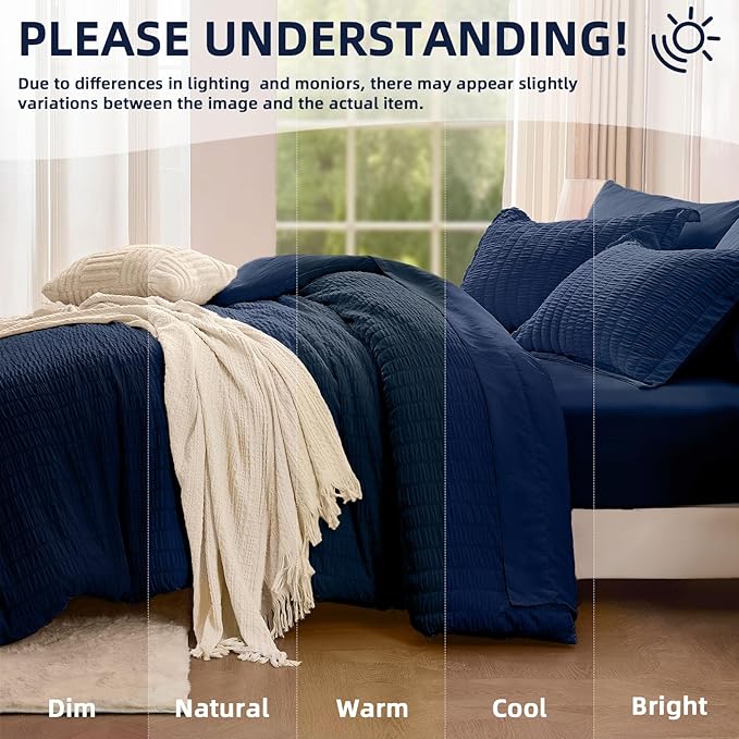 FUANNA Queen Comforter Set 7 Pieces, Luxury Seersucker Bed in a Bag Queen Size for All Seasons, Soft Bedding Set with Comforter, Flat Sheet, Fitted Sheet, Pillowcases & Shams for Bedroom, Navy Blue