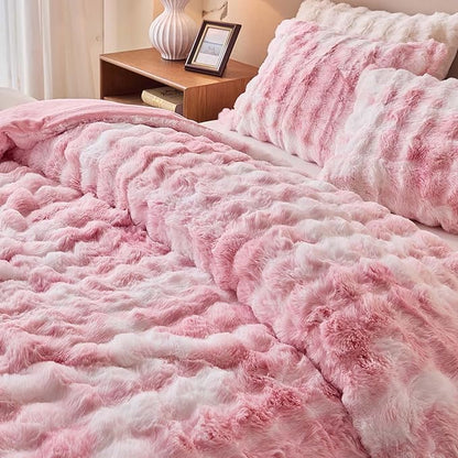 Queen Faux Rabbit Fur Comforter Set - 3 Pieces Fluffy Bedding Set Ultra Soft Warm Shaggy Plush Winter Flannel Bedding Set for Girls Women, Skin Friendly Sherpa Comforter Bed Set & 2 Pillow Shams Pink