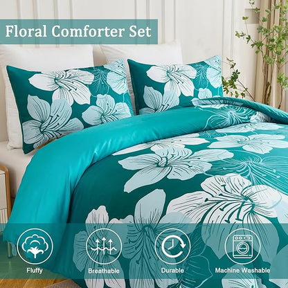 Menghomeus Queen Comforter Set Gradient Teal Bedding Floral Comforter Sets - Soft Microfiber Bed Comforter Set for All Season, 3 Piece Botanical Flowers Comforter, Pillowcases