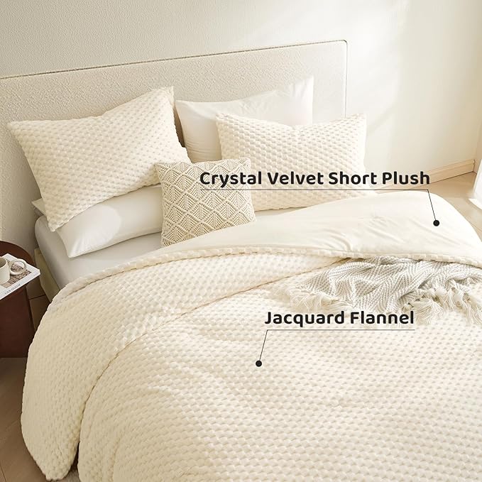 Petrichor Fluffy King Comforter Set - Ultra-Soft Cream White Flannel Thick Comforter for King Bed, Luxury Warm Bedding Set for Winter & Fall, Cozy Fuzzy Bed Set 3 Pieces (1 Comforter & 2 Pillowcases)