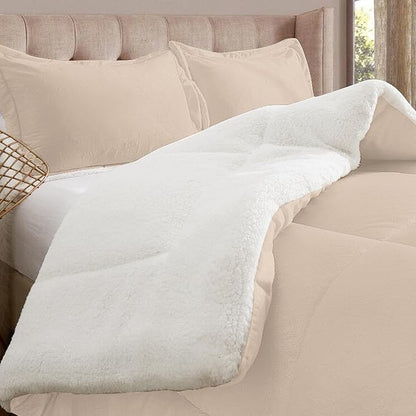 Elegant Comfort Super Soft Sherpa Comforter 3-Piece Set Premium Quality, Heavy Weight Reversible Down Alternative Micro-Suede, Sherpa Comforter, King, Taupe