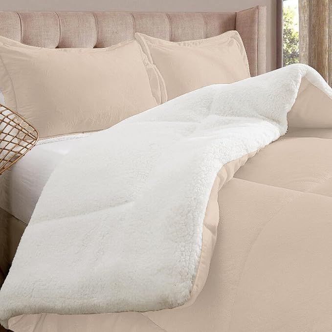 Elegant Comfort Super Soft Sherpa Comforter 3-Piece Set Premium Quality, Heavy Weight Reversible Down Alternative Micro-Suede, Sherpa Comforter, Cal King, Taupe