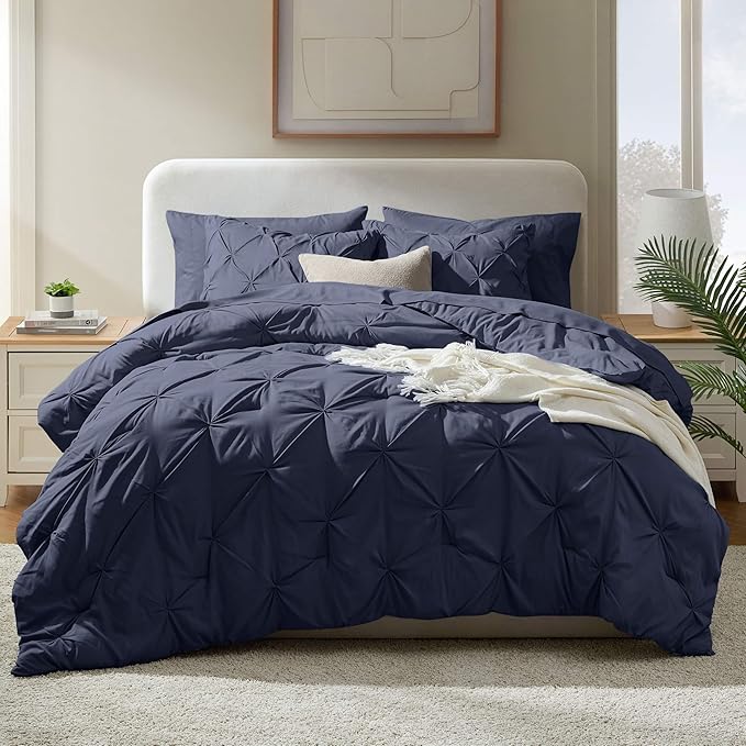 Nestl 7 Piece Comforter Set - Pinch Pleated Bedding, All Season Full Size Bed Set with Sheets, Comforter, Pillowcases and Shams in Navy