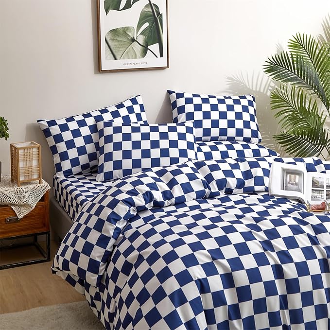 CLOTHKNOW Blue White Plaid Twin/Twin XL Comforter Set 3Pcs Grid Bedding Comforter Sets Royal Blue White Bed Comforter Blue Bedding Sets Soft