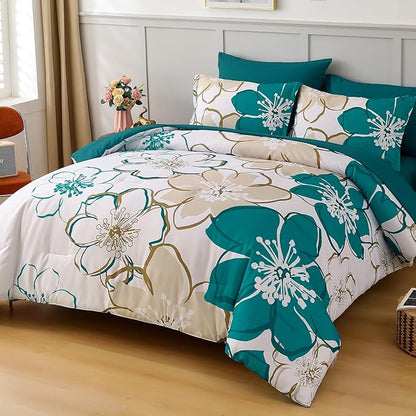 Anibedding 7Pieces Teal Grey Floral Comforter Set Queen Size, Soft Microfiber Grey Blue Bed in a Bag Comforter Set with Sheets for All Season