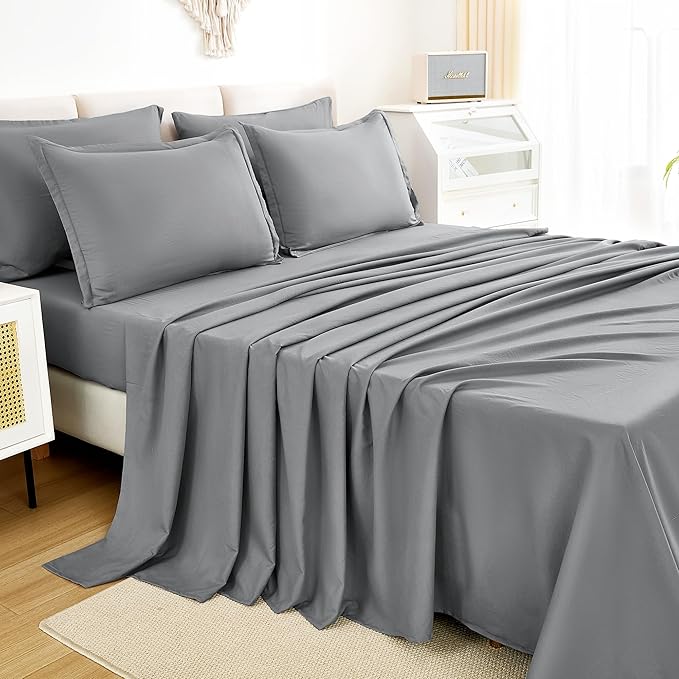 Litanika California King Comforter Set Medium Gray - 7 Pieces Bed in a Bag Cal King Bedding Comforter Sets, Plain Lightweight Bed Set with Comforter, Sheets, Pillowcases & Shams