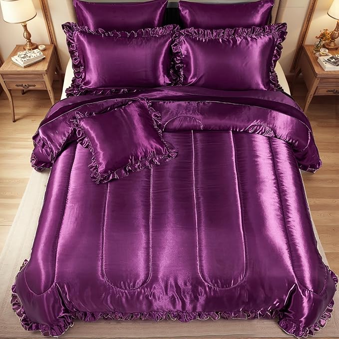 Silk Like Satin Comforter Set with Sheet Set Queen 8 Pcs Purple Satin Bedding Set Silky Ruffle Pattern Home Deocr Luxury Hotel Silky Bed in a Bag with 1 Cushion Cover