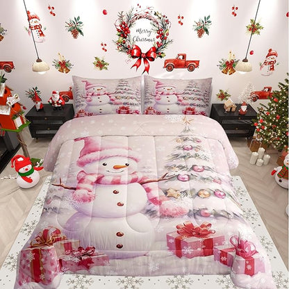 Castle Fairy Pink Christmas Snowman Boys Kids Comforter Set Full Size,Xmas Tree Gift Duvet Set Room Decor,Merry Christmas Brushed Microfiber Soft Bedding Comforter