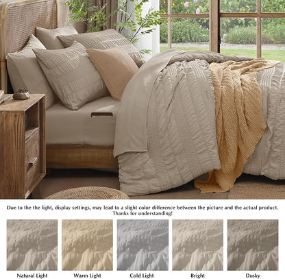CASAAGUSTO Twin XL Comforter Set, 5 Pieces Oatmeal Seersucker Bed in a Bag Twin Soft All Seasons, Bedding Sets with Comforter, Flat Sheet, Fitted Sheet, 1 Pillow Sham, 1 Pillowcase