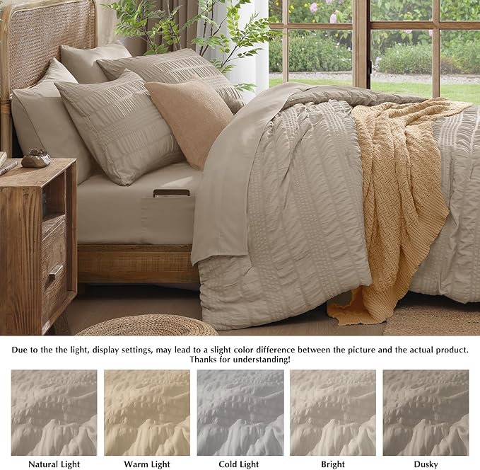 CASAAGUSTO Full Size Comforter Set, 7 Pieces Oatmeal Seersucker Bed in a Bag Full Size Soft All Seasons, Bedding Sets Full with Comforter, Flat Sheet, Fitted Sheet, 2 Pillow Shams, 2 Pillowcases