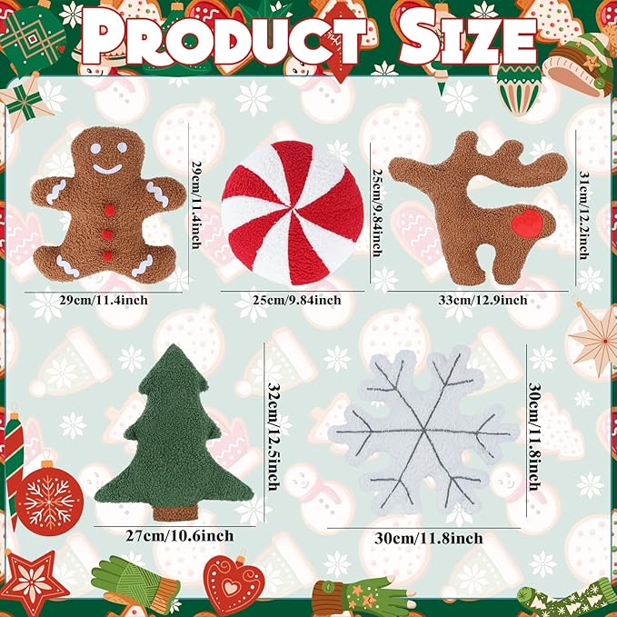 Cumule 5 Pcs Christmas Throw Pillows Cute Xmas Tree Candy Gingerbread Reindeer Snowflake Shaped Plush Pillow for Christmas Winter Holiday Party Outdoor Bedroom Cushion Decoration