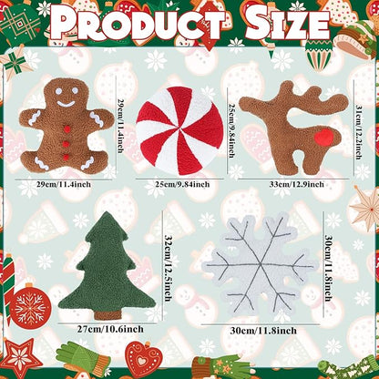 Cumule 5 Pcs Christmas Throw Pillows Cute Xmas Tree Candy Gingerbread Reindeer Snowflake Shaped Plush Pillow for Christmas Winter Holiday Party Outdoor Bedroom Cushion Decoration