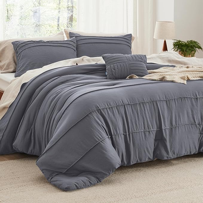 Bedsure King Comforter Set - 4 Pieces Pinch Pleat Bed Set, Dark Grey Boho Bedding for All Season, 1 Soft Comforter, 2 Pillowcases, 1 Decorative Pillow