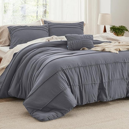 Bedsure King Comforter Set - 4 Pieces Pinch Pleat Bed Set, Dark Grey Boho Bedding for All Season, 1 Soft Comforter, 2 Pillowcases, 1 Decorative Pillow