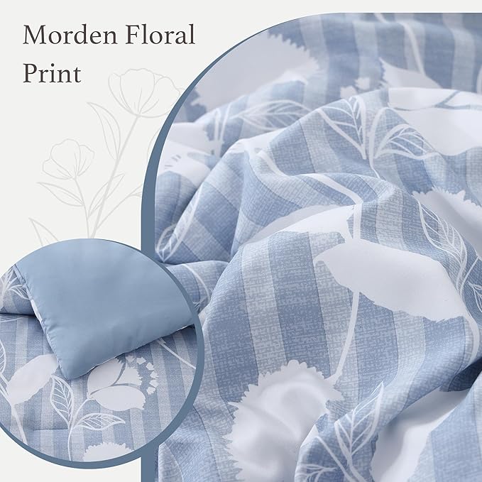 Queen Comforter Set -7 Pieces Blue Floral Comforter Set for All Seasons, Bed in a Bag Queen with Botanical Flowers Comforter, Sheets, Pillowcases & Shams
