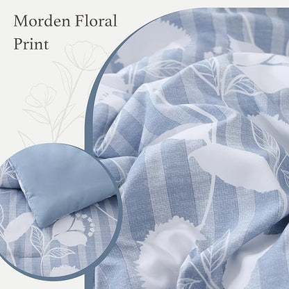 Queen Comforter Set -7 Pieces Blue Floral Comforter Set for All Seasons, Bed in a Bag Queen with Botanical Flowers Comforter, Sheets, Pillowcases & Shams