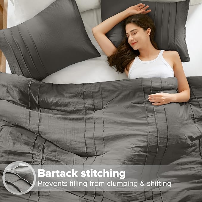 Comfort Spaces Grey Full Size Comforter Set - 3 Pieces Pintuck Pleated Bedding Sets, All Season Lightweight, Extra Softness Pre-Washed Microfiber Full Bed Set, Shams, Full