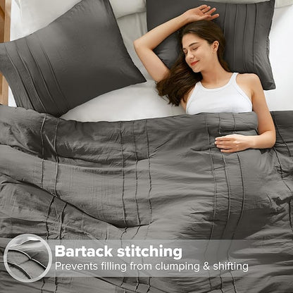 Comfort Spaces Grey Full Size Comforter Set - 3 Pieces Pintuck Pleated Bedding Sets, All Season Lightweight, Extra Softness Pre-Washed Microfiber Full Bed Set, Shams, Full