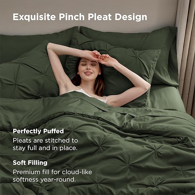 Bedsure Queen Comforter Set Olive Green - Bed in a Bag Queen Size Bedding 7 Pieces, GentleSoft™ Pintuck Bed Set Gift for Family, Pinch Pleat All Season Comforter with Sheets, Pillowcases & Shams