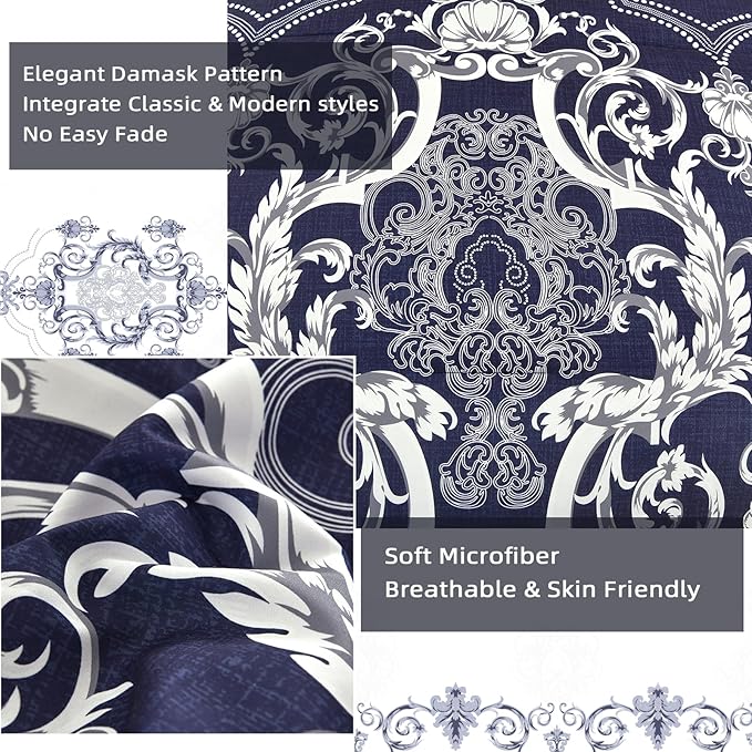 Mybedsoul 7 Pieces Navy Blue Comforter Set King Size, Damask Bed in a Bag for King Bed, Lightweight Microfiber Boho Bedding Sets with Comforter, Sheet, Pillowcases & Shams for All Season(90"x104")