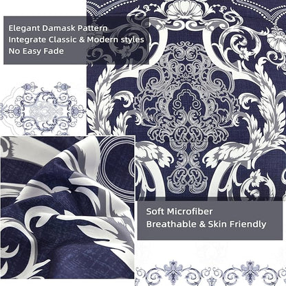 Mybedsoul 7 Pieces Navy Blue Comforter Set King Size, Damask Bed in a Bag for King Bed, Lightweight Microfiber Boho Bedding Sets with Comforter, Sheet, Pillowcases & Shams for All Season(90"x104")