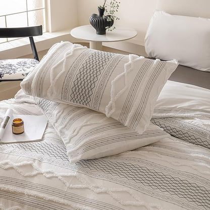 Luxlovery Boho White Comforter Set Queen Women Men Farmhouse White Black Jacquard Bedding Set Bohemian Country Blanket Quilts Durable Soft Breathable 3PCS Comforter Set Queen Bed
