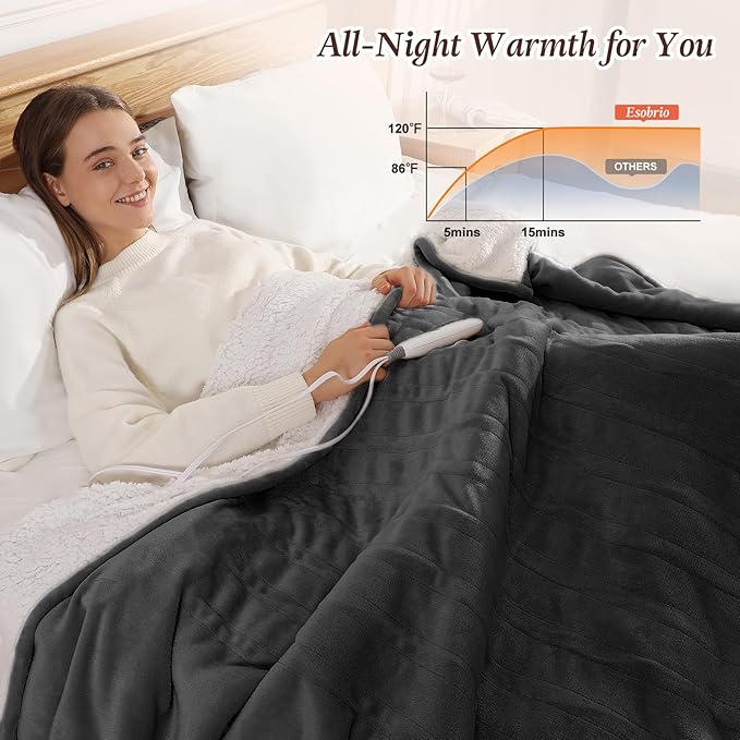 Electric Throw Blanket 50''x60'' Heated Throw, ETL Certified Heat Blankets Electric with 5 Heating Levels & 4-hr Timer, Flannel & Sherpa Throw Heated Blankets, Machine Washable (Charcoal Gray)