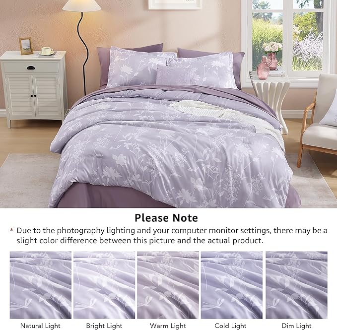 Twin XL Comforter Set -5 Pieces Floral Lavender Purple Bedding Set for All Seasons, Bed in a Bag with Botanical Flowers Comforter, Sheets, Pillowcase & Sham