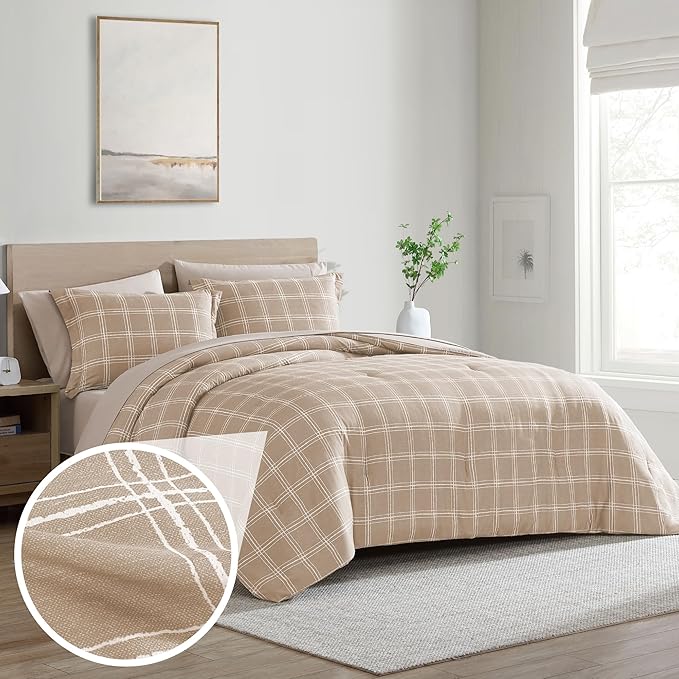 Cathay Home Basic Bedding Home Essential Ultra Soft Lightweight 5PC Wrinkle Resistant Microfiber Bed in a Bag Set (Includes Complete Sheet Set & Comforter Set) - Taupe Plaid, Twin