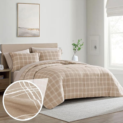 Cathay Home Basic Bedding Home Essential Ultra Soft Lightweight 7PC Wrinkle Resistant Microfiber Bed in a Bag Set (Includes Complete Sheet Set & Comforter Set) - Taupe Plaid, King