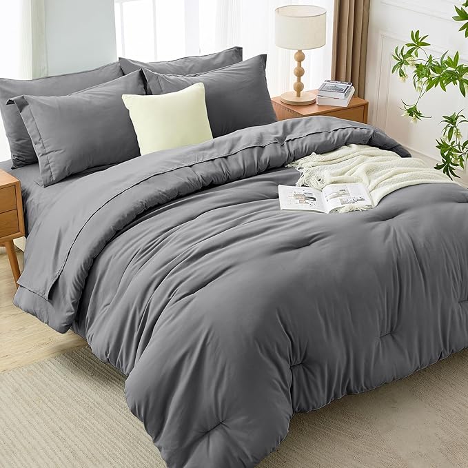MUXHOMO 7 Pieces King Comforter Set, Soft Bed in a Bag King Size, All Season Bedding Set with Comforter, Flat Sheet, Fitted Sheet, Pillowcases & Shams, Dark Grey
