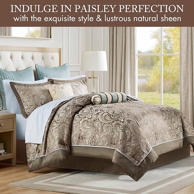 Madison Park Aubrey Cozy Comforter Set, Faux Silk Jacquard Paisley Design - All Season Down Alternative Bedding with Cotton Bed Sheets, Bed Skirt & Toss Pillows, Queen Blue 12 Piece