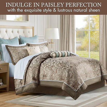 Madison Park Aubrey Cozy Comforter Set, Faux Silk Jacquard Paisley Design - All Season Down Alternative Bedding with Cotton Bed Sheets, Bed Skirt & Toss Pillows, King Blue 12 Piece