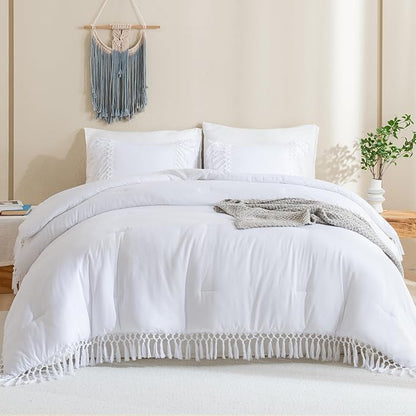 Andency White Comforter Set California King, 3 Pieces Boho Tassel Lightweight Soft Bedding Comforter Sets for King Bed, All Season Fluffy Fringe Bed Set (104x96In Comforter & 2 Pillowcases)
