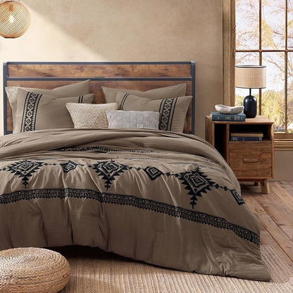 MaiRêve Embroidery Full Size Comforter Set Taupe Grey, Farmhouse Western Boho Bedding Set 7 Pieces, All Season Bed in A Bag Comforter Set with Sheets, Pillowcases & Shams