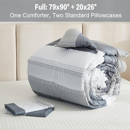 Litanika Comforter Full Size Bed Set Light Grey - 3 Pieces Lightweight Gray White Colorblock Stripe Fluffy Bedding Comforter Sets, All Season Bed Set