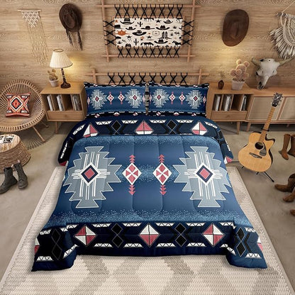 Erosebridal Southwestern Aztec Toddler Bedding Set, Rustic Western Comforter Set, Exotic American Native Quilt for Boys Teens Men Bedroom, Vintage Bohemian Geometric Bedding Comforter Sets, Dark Blue