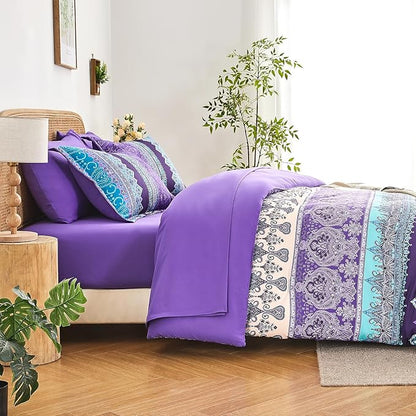 Boho Comforter Set King Size Purple - 7 Pieces Bohemian Floral Striped Comforter and Sheet Set, Lightweight Bed in a Bag Complete Bedding Sets King Size for All Season (Purple,King)