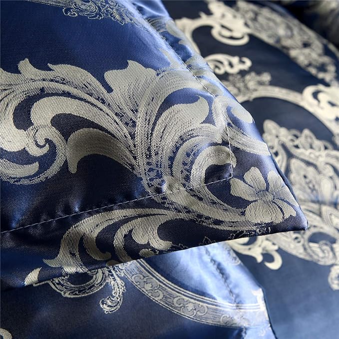 Comforter Set Satin Silk Blanket All Season Bed Luxury Royal Blue Jacquard Quilt Bedding Sets Matching 2 Pillow Shams (Full/Queen, 88x88 inches, 3 Pieces)
