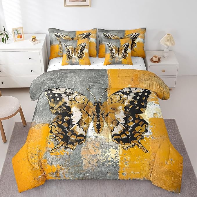 Erosebridal Boho Butterfly Twin Comforter Set 7 Pieces for Girls Women Bedroom Decor, Yellow Gray Ombre Bed in a Bag Modern Contemporary Bedding Comforter Sets with Fitted Sheet and Flat Sheet