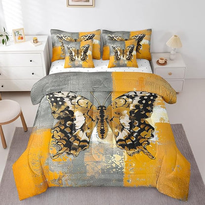 Erosebridal Boho Butterfly King Comforter Set 7 Pieces for Girls Women Bedroom Decor, Yellow Gray Ombre Bed in a Bag Modern Contemporary Bedding Comforter Sets with Fitted Sheet and Flat Sheet