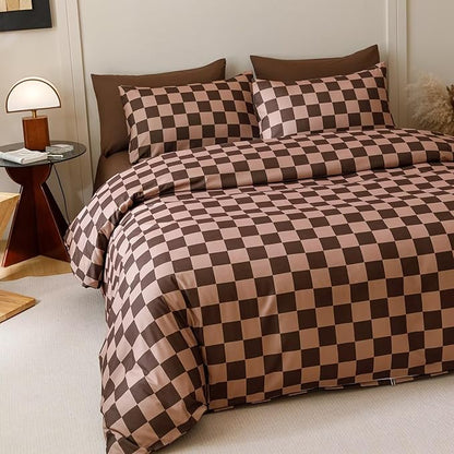 Houseri Brown Plaid Comforter Set Twin Chocolate Coffee Color Chessboard Bedding Sets Mocha Buffalo Checkered Bed Quilt Blanket Twin