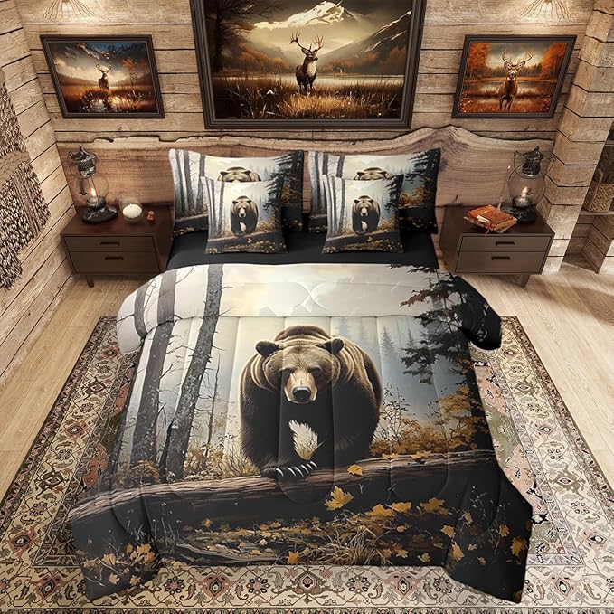 Erosebridal Nature Forest Bear 7- Piece Bedding Set Twin Size | Grizzly Brown Bear Comforter Set with Sheets for Kids Teens Adults Woodland Wild Animal Bed in A Bag Country Rustic Farmhouse Bed Sets