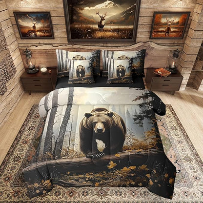 Erosebridal Nature Forest Bear 7- Piece Bedding Set Twin Size | Grizzly Brown Bear Comforter Set with Sheets for Kids Teens Adults Woodland Wild Animal Bed in A Bag Country Rustic Farmhouse Bed Sets