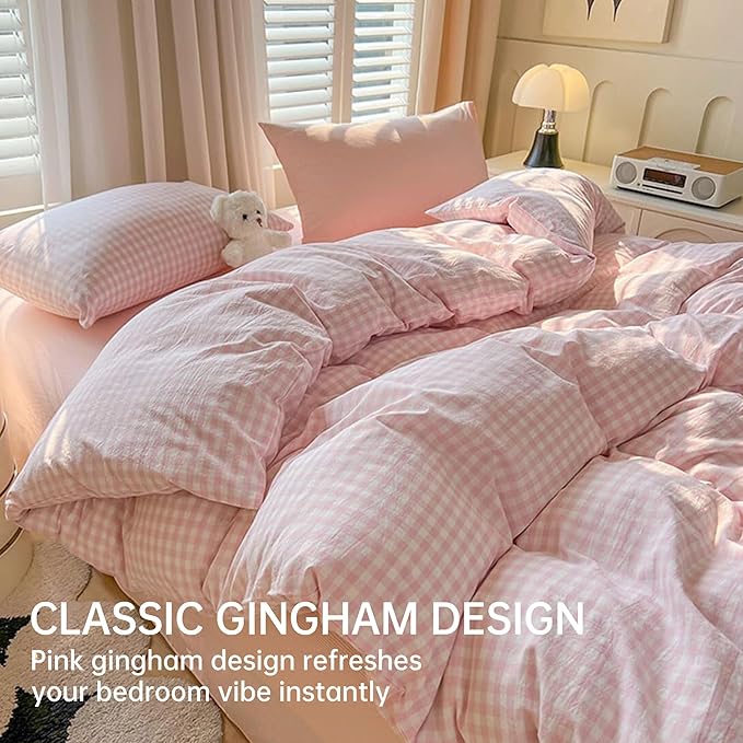 BOLINLIVING Gingham King Comforter Set 3 Pieces, Soft Breathable Bed in a Bag King Size, Pink White Checkered Plaid Bedding Set for All Season, 1 Comforter & 2 Pillowcases