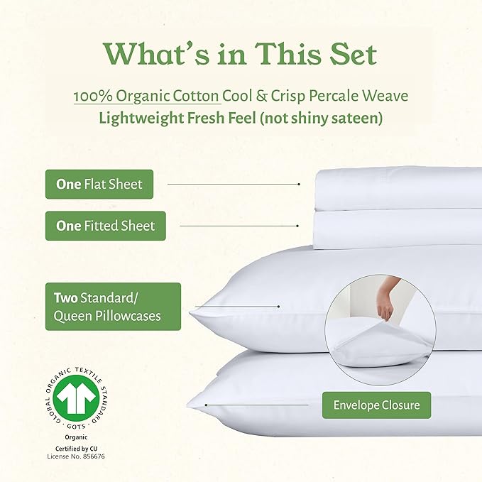 California Design Den Full Sheet Set - Soft 100% Organic Cotton Sheets with Deep Pockets, Crisp Percale, Breathable and Durable Bedding Set - White